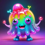 A cheerful, multicoloured creature with large blue eyes and a big smile stands in a glowing, vibrant setting.