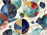 Abstract geometric mosaic with watercolour textures and gold lines inspired by Kintsugi.