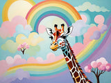 A cheerful giraffe with a colourful background of fluffy pastel clouds and a vibrant rainbow, creating a whimsical scene.