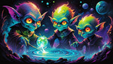 Three goblin-like figures with glowing eyes cast a spell over a glowing orb, surrounded by stars and distant planets.