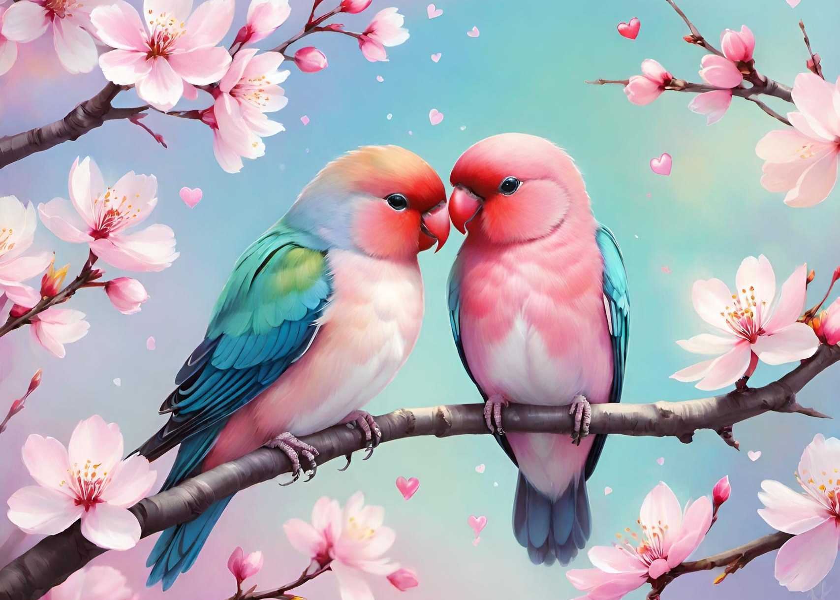 Two colourful lovebirds perched on a cherry blossom branch with hearts and pastel background.