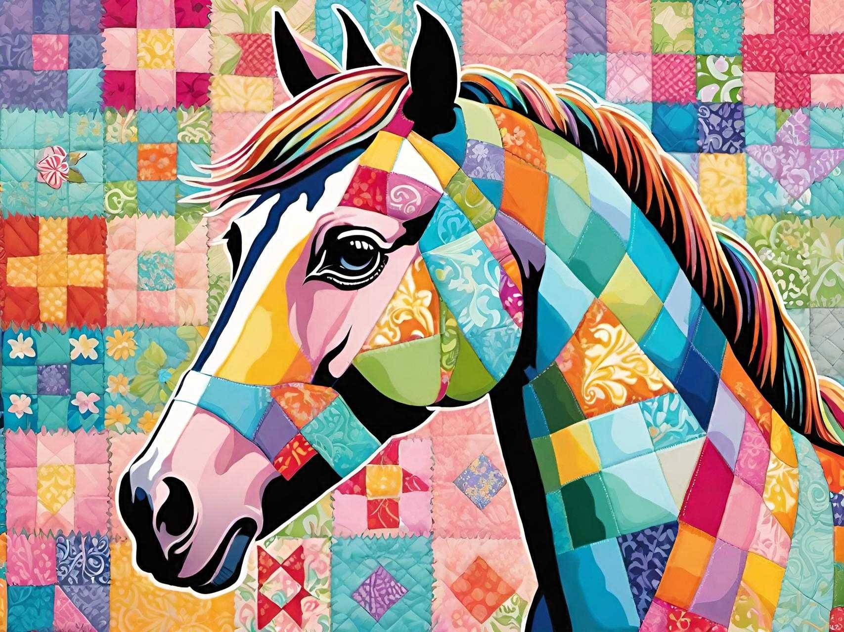 A colourful patchwork horse set against a quilted fabric background with intricate patterns and vibrant hues.