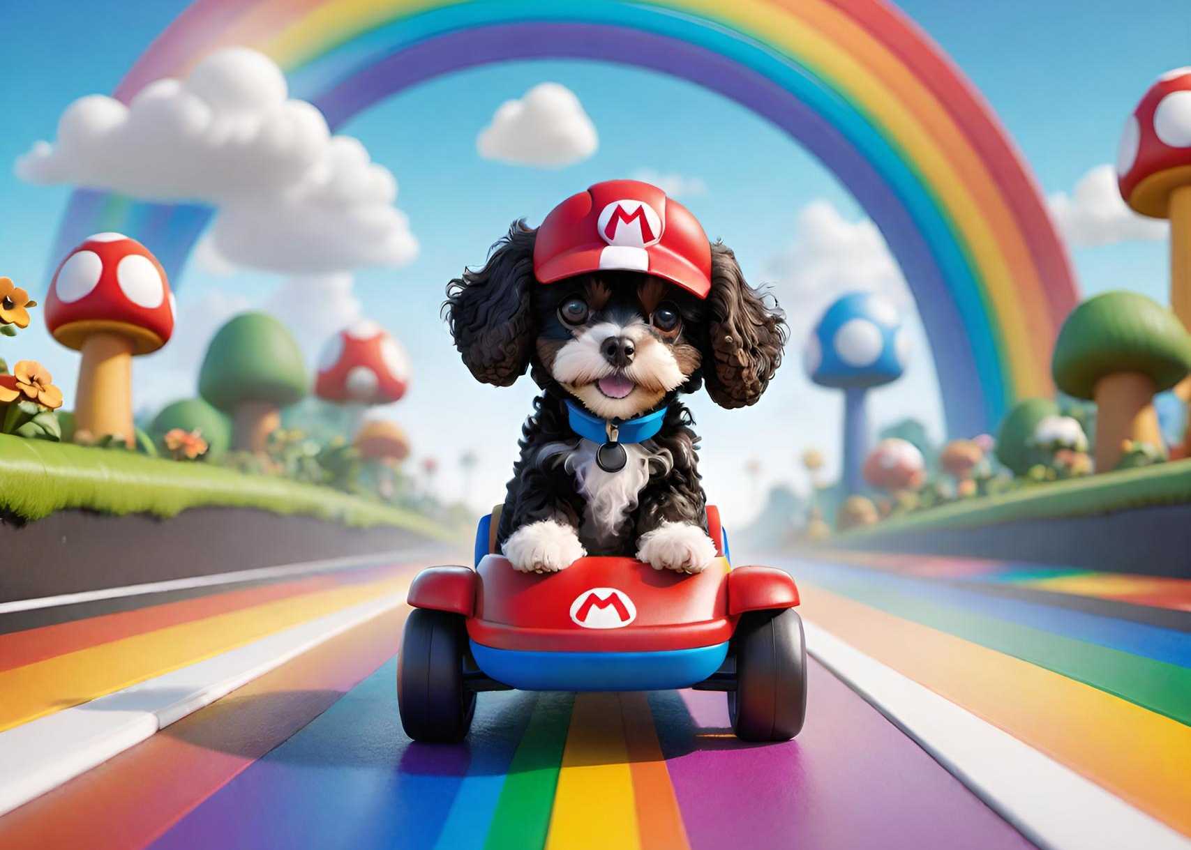 Cartoon puppy in a red cap driving a toy race kart on a rainbow track surrounded by mushrooms and clouds.