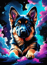 German Shepherd puppy in a dreamy cosmic scene with stars and colourful nebula clouds.