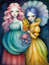 Two ethereal figures with pink and blue hair, wearing flowing gowns, stand together holding flowers against a dark background.