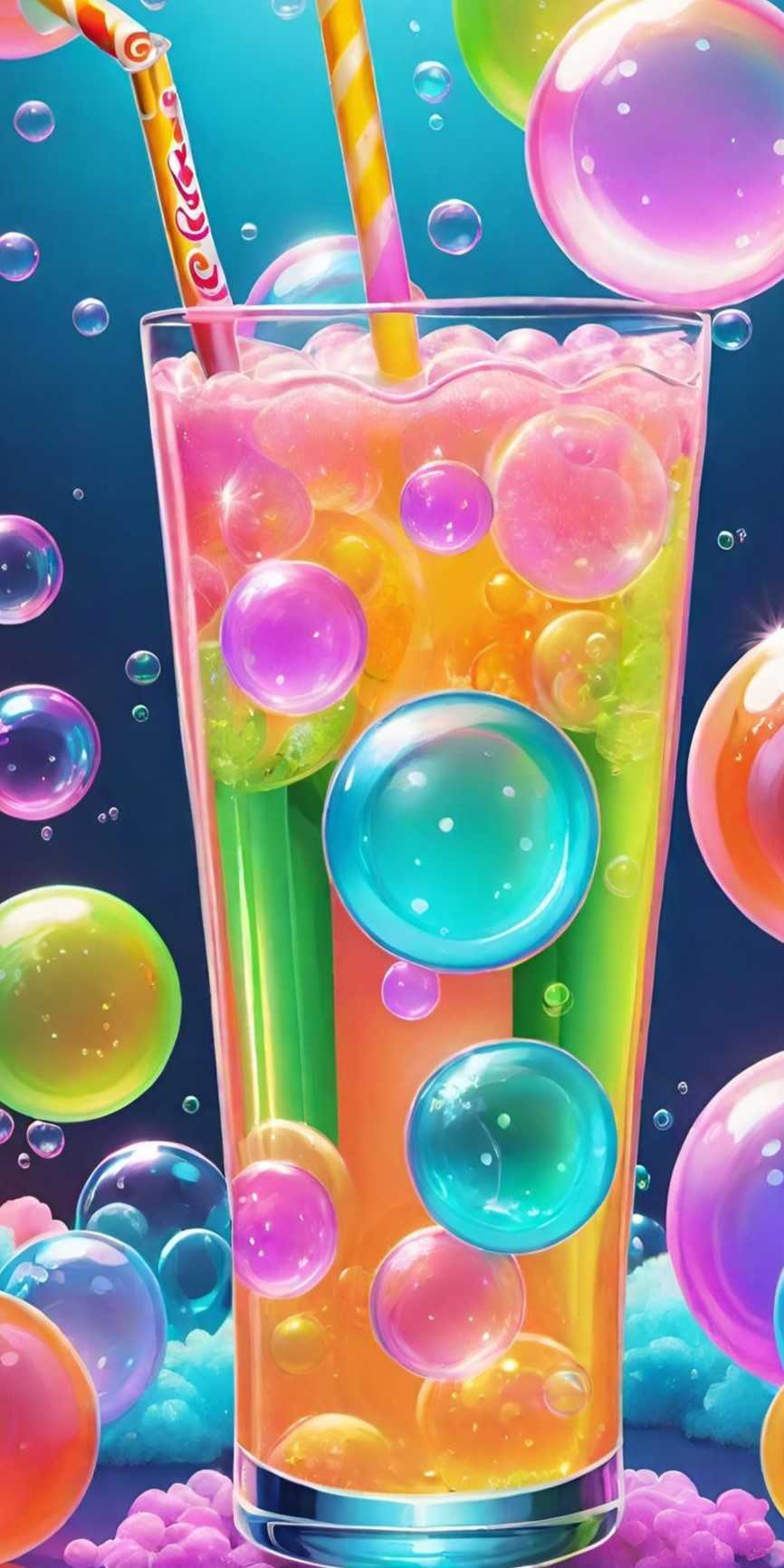 A tall glass of colourful, bubbly drink with large shimmering bubbles and playful straws in a dreamy, blue backdrop.