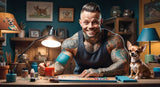 A tattooed man smiling while working on a craft project with a chihuahua sitting on the table beside him.