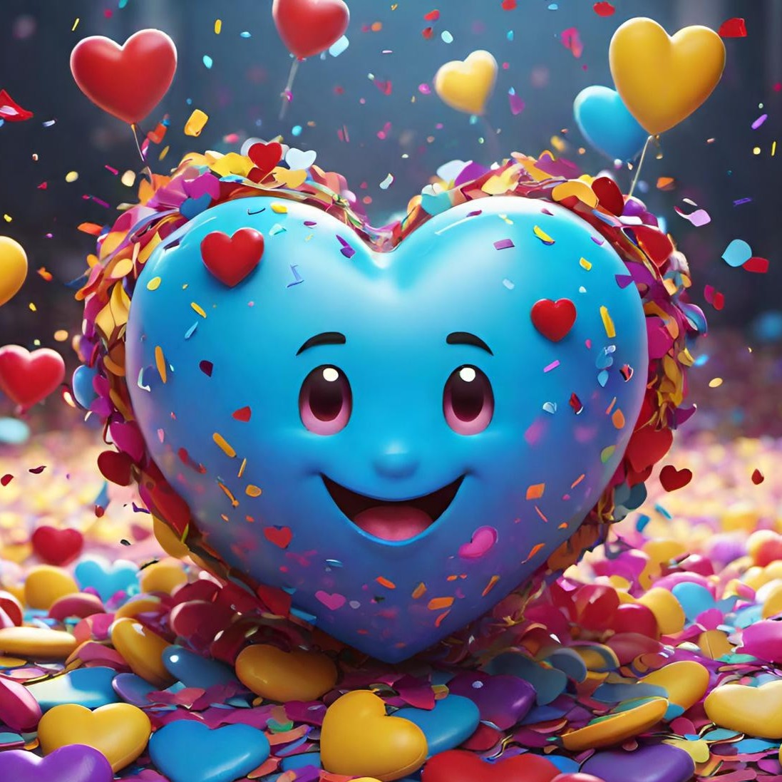 Smiling blue heart surrounded by confetti, floating heart balloons, and colourful decorations.