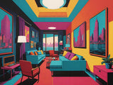 A colourful living room with teal sofas, pink and yellow walls, cityscape paintings, and a view of a vibrant skyline.