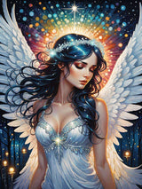 A serene angel with dark hair and white wings stands gracefully in a glowing, starry background with colourful orbs.