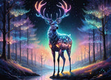 A glowing deer with starlit antlers stands in a luminous forest with vibrant trees and a serene stream.