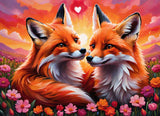 Two foxes gazing at each other lovingly in a colourful field of flowers with a glowing sunset sky.