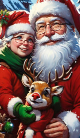 Santa and Mrs. Claus smiling with Rudolph the red-nosed reindeer, set against a snowy village backdrop.