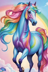 A blue horse with a rainbow mane and tail standing against a pastel sky with a faint rainbow.