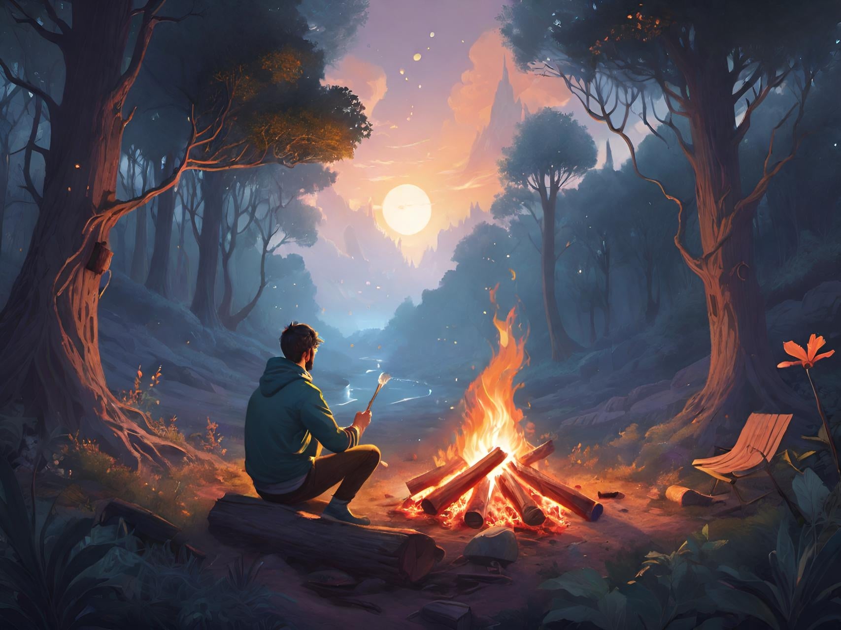 A man roasts marshmallows by a campfire in a tranquil forest at sunset, with fireflies and a flowing stream nearby.