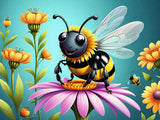 A smiling bee with black and yellow stripes rests on a vibrant pink flower, surrounded by tall yellow flowers against a teal background.