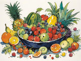 colourful watercolour painting of a fruit bowl with various fruits surrounded by vibrant splashes.