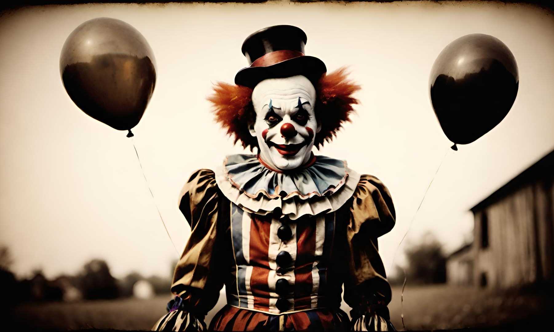 A sinister clown holding two black balloons, standing outdoors in a vintage costume, with a faded rural background.