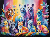 colourful artistic depiction of big cats in a fantasy setting.