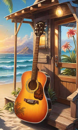 An acoustic guitar leaning against a beach cabin with an ocean view under a golden sunset.