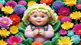 A doll with blonde curly hair and bright blue eyes lies surrounded by colourful flowers in a playful garden scene.