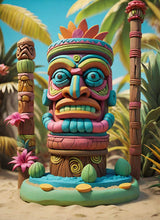 A colourful totem statue with a vibrant face stands on a sandy beach, surrounded by palm trees and exotic plants.