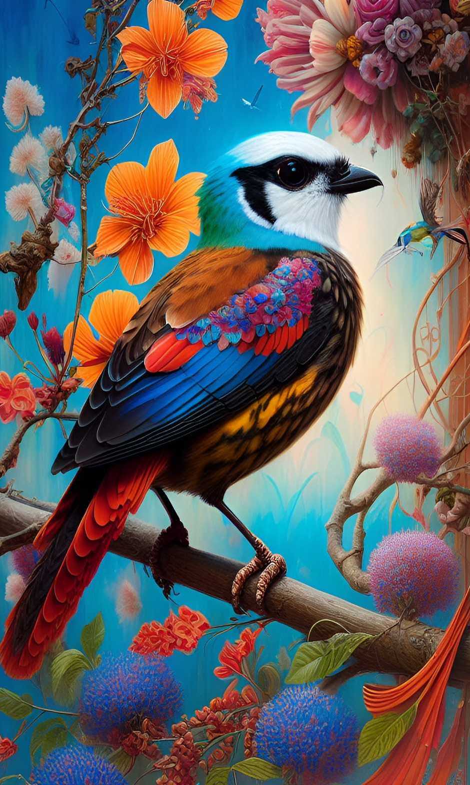 Vibrant bird with colourful feathers perched among orange and pink flowers in a surreal floral setting.