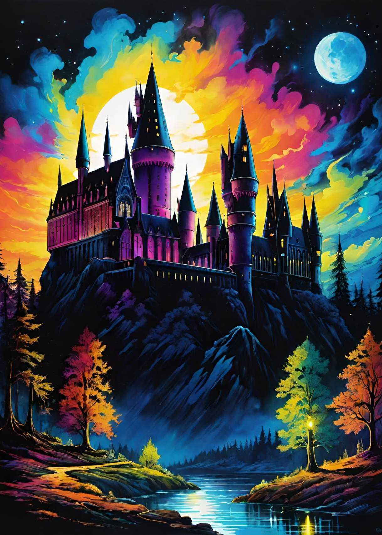 A grand castle illuminated by a full moon with a vibrant sky of blue, purple, and orange, reflecting in a tranquil river below.