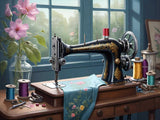 An antique sewing machine on a wooden table with spools of thread and a blue fabric in a sunlit room with flowers.