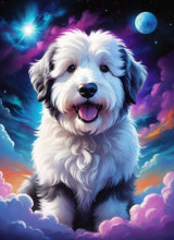 Fluffy dog sitting amidst colourful clouds and a starry sky with a moon in the background.