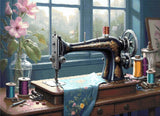 A Diamond Painting Rendering Of An Antique Sewing Machine On A Wooden Table With Spools Of Thread And A Blue Fabric In A Sunlit Room With Flowers. Size - 110cm X 80cm