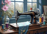 A Diamond Painting Rendering Of An Antique Sewing Machine On A Wooden Table With Spools Of Thread And A Blue Fabric In A Sunlit Room With Flowers. Size - 110cm X 80cm