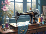 A Diamond Painting Rendering Of An Antique Sewing Machine On A Wooden Table With Spools Of Thread And A Blue Fabric In A Sunlit Room With Flowers. Size - 120cm X 90cm