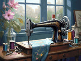 A Diamond Painting Rendering Of An Antique Sewing Machine On A Wooden Table With Spools Of Thread And A Blue Fabric In A Sunlit Room With Flowers. Size - 120cm X 90cm