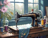 A Diamond Painting Rendering Of An Antique Sewing Machine On A Wooden Table With Spools Of Thread And A Blue Fabric In A Sunlit Room With Flowers. Size - 50cm X 40cm