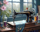 A Diamond Painting Rendering Of An Antique Sewing Machine On A Wooden Table With Spools Of Thread And A Blue Fabric In A Sunlit Room With Flowers. Size - 50cm X 40cm