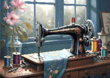 A Diamond Painting Rendering Of An Antique Sewing Machine On A Wooden Table With Spools Of Thread And A Blue Fabric In A Sunlit Room With Flowers. Size - 70cm X 50cm