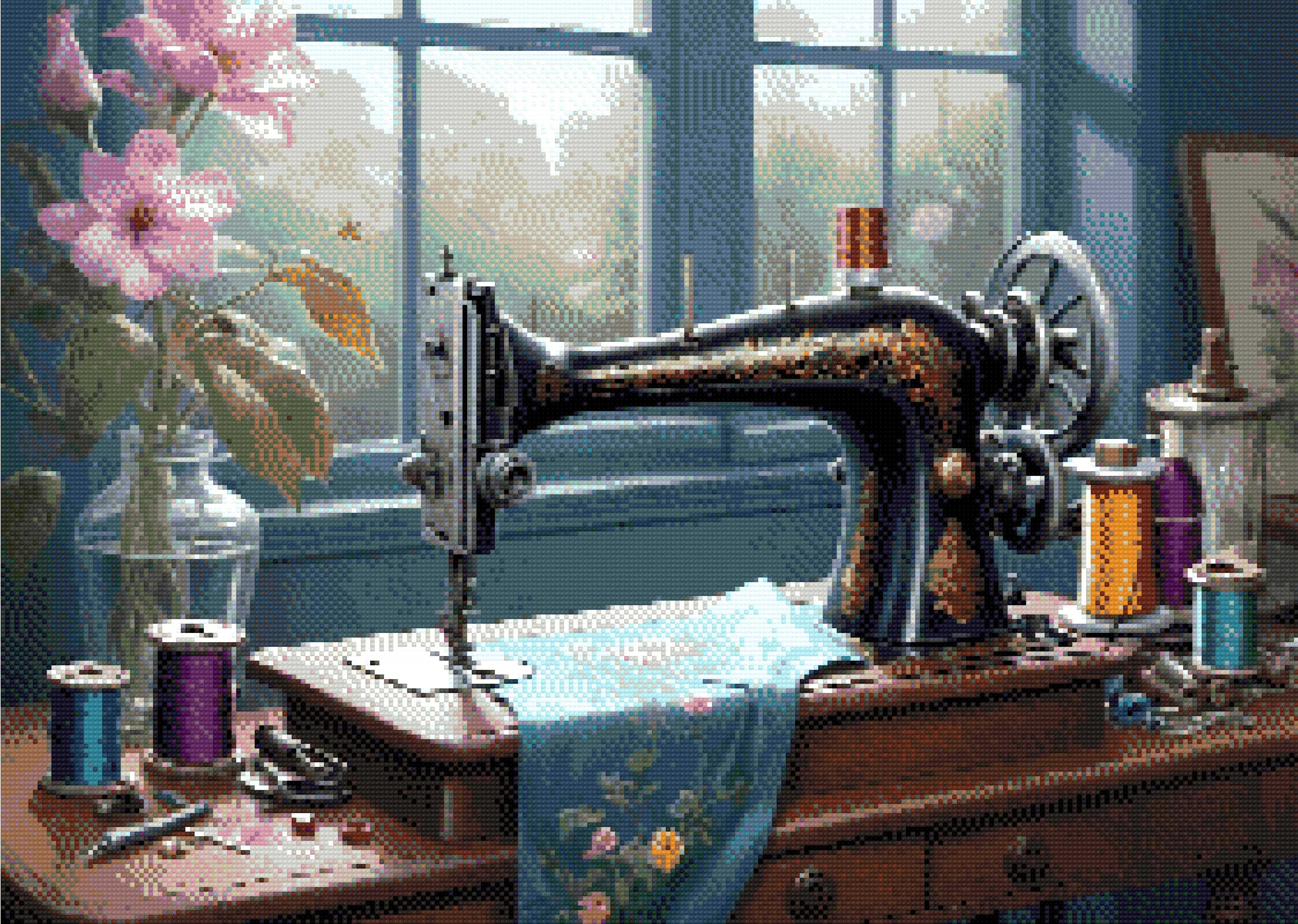 A Diamond Painting Rendering Of An Antique Sewing Machine On A Wooden Table With Spools Of Thread And A Blue Fabric In A Sunlit Room With Flowers. Size - 70cm X 50cm
