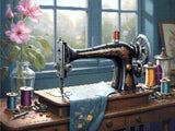 A Diamond Painting Rendering Of An Antique Sewing Machine On A Wooden Table With Spools Of Thread And A Blue Fabric In A Sunlit Room With Flowers. Size - 80cm X 60cm