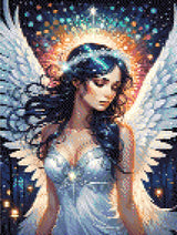 A Diamond Painting Rendering Of A Serene Angel With Dark Hair And White Wings Stands Gracefully In A Glowing, Starry Background With Colourful Orbs. Size - 30cm X 40cm
