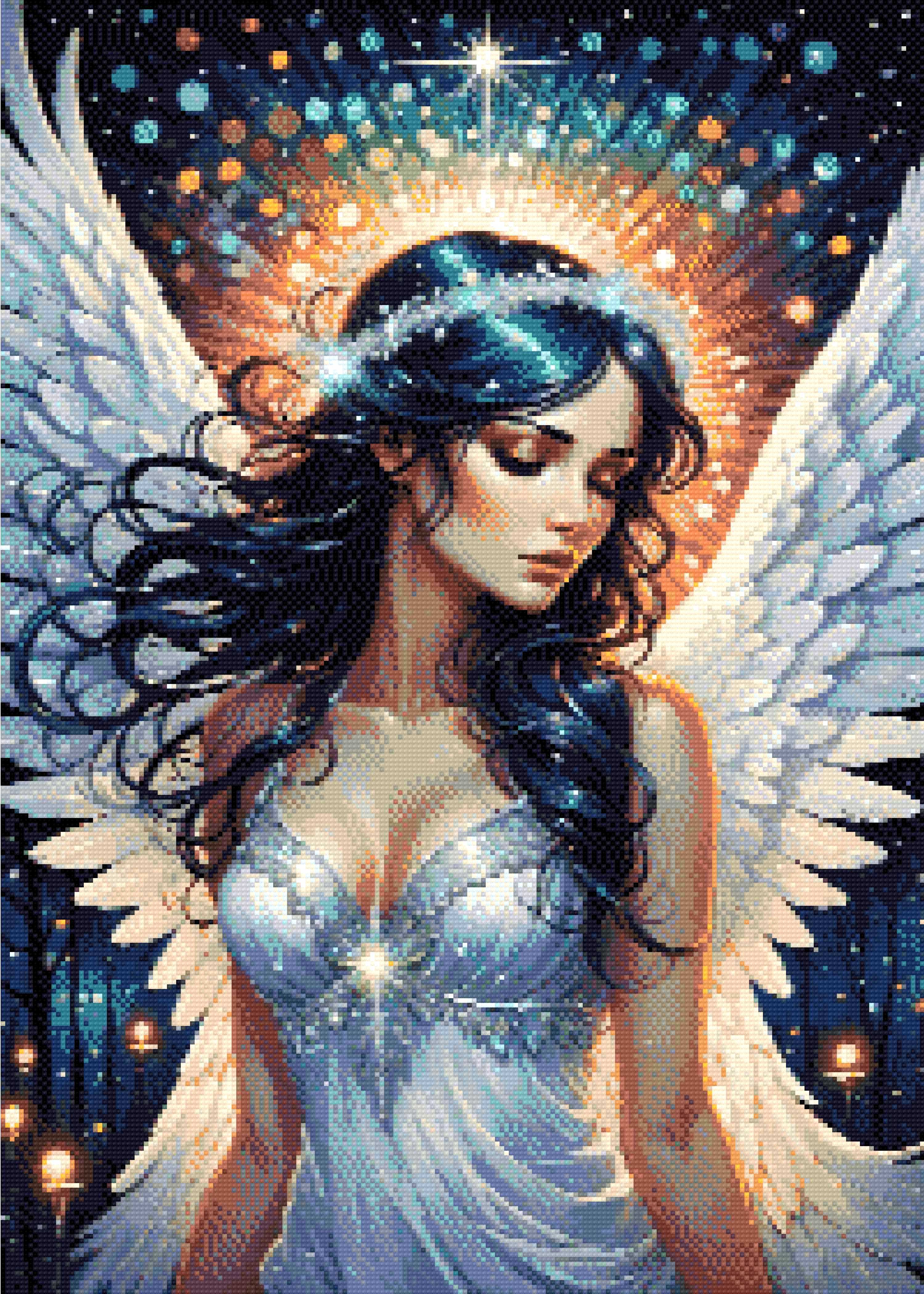 A Diamond Painting Rendering Of A Serene Angel With Dark Hair And White Wings Stands Gracefully In A Glowing, Starry Background With Colourful Orbs. Size - 50cm X 70cm