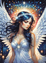 A Diamond Painting Rendering Of A Serene Angel With Dark Hair And White Wings Stands Gracefully In A Glowing, Starry Background With Colourful Orbs. Size - 80cm X 110cm