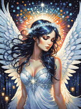 A Diamond Painting Rendering Of A Serene Angel With Dark Hair And White Wings Stands Gracefully In A Glowing, Starry Background With Colourful Orbs. Size - 90cm X 120cm