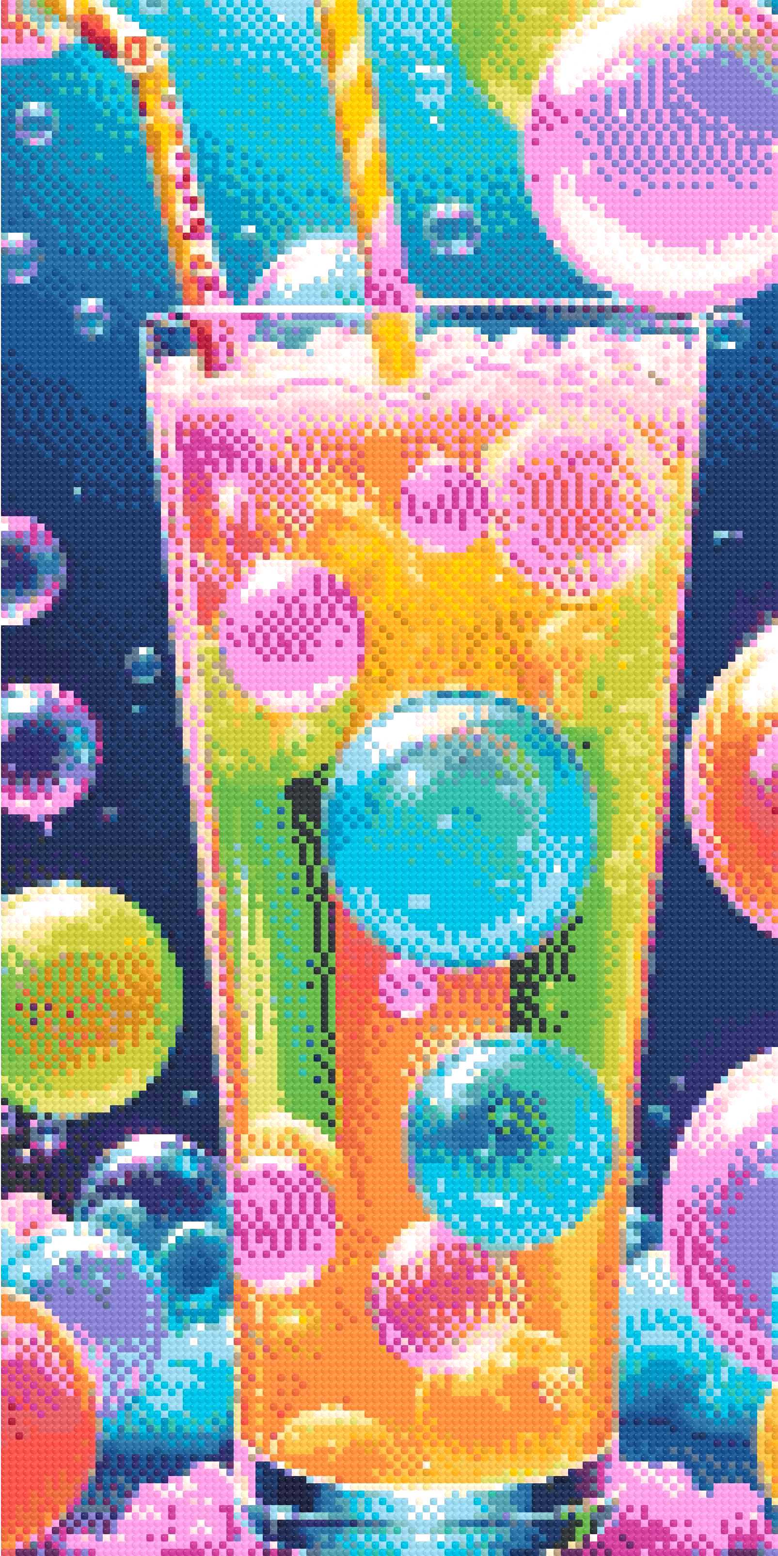 A Diamond Painting Rendering Of A Tall Glass Of Colourful, Bubbly Drink With Large Shimmering Bubbles And Playful Straws In A Dreamy, Blue Backdrop. Size - 30cm X 60cm