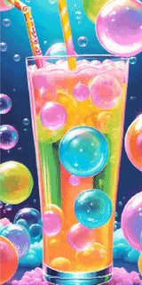 A Diamond Painting Rendering Of A Tall Glass Of Colourful, Bubbly Drink With Large Shimmering Bubbles And Playful Straws In A Dreamy, Blue Backdrop. Size - 50cm X 100cm