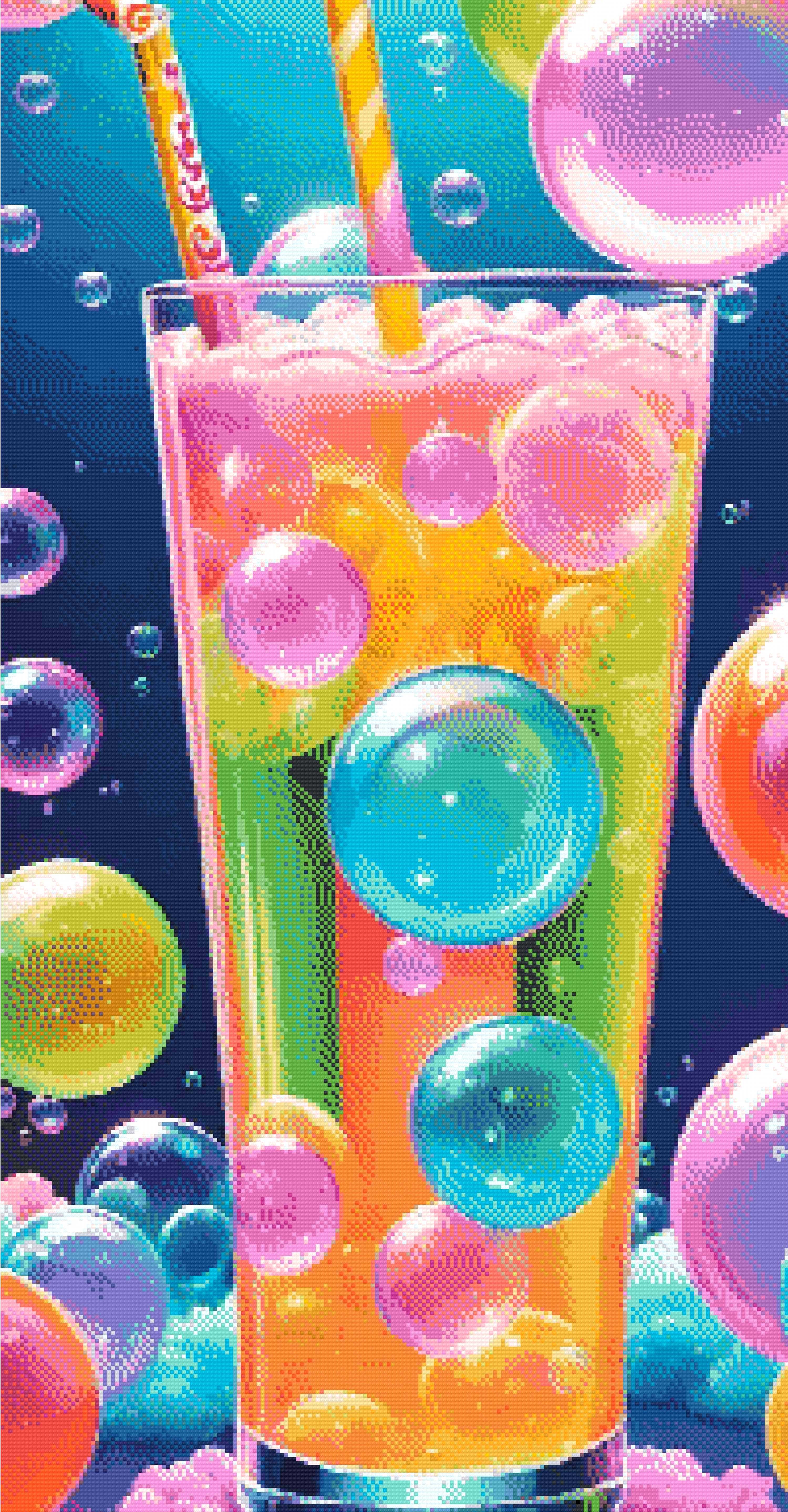 A Diamond Painting Rendering Of A Tall Glass Of Colourful, Bubbly Drink With Large Shimmering Bubbles And Playful Straws In A Dreamy, Blue Backdrop. Size - 50cm X 100cm