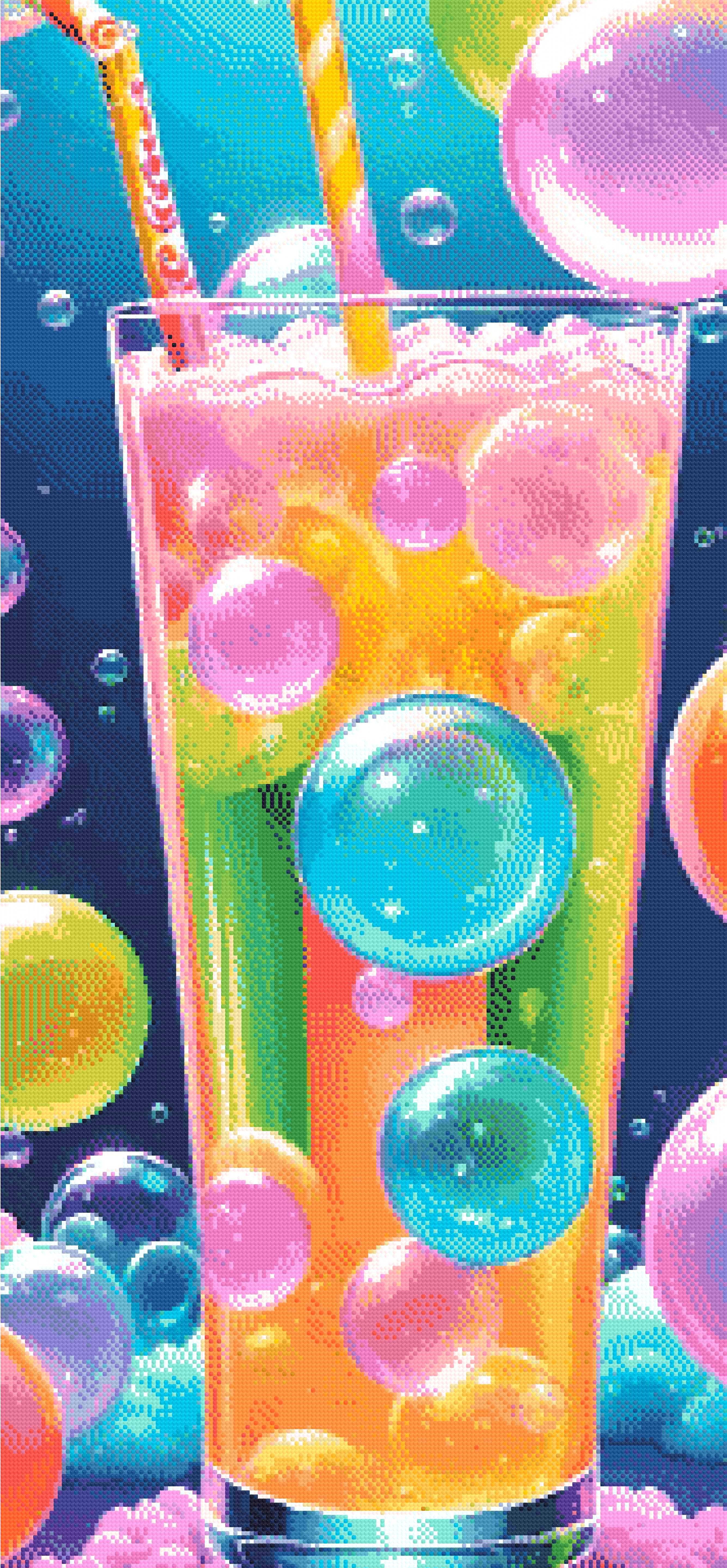 A Diamond Painting Rendering Of A Tall Glass Of Colourful, Bubbly Drink With Large Shimmering Bubbles And Playful Straws In A Dreamy, Blue Backdrop. Size - 50cm X 110cm