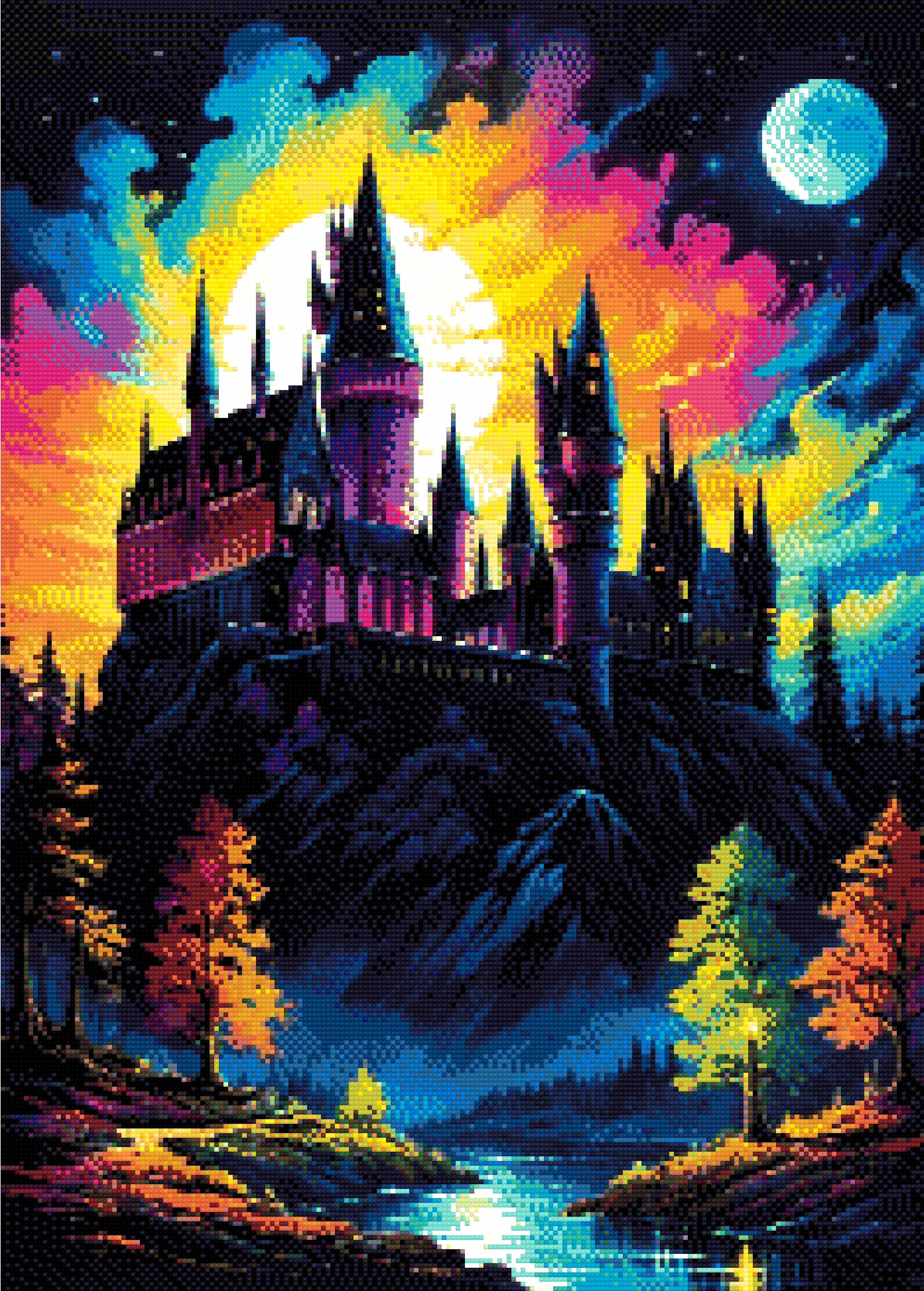 A Diamond Painting Rendering Of A Grand Castle Illuminated By A Full Moon With A Vibrant Sky Of Blue, Purple, And Orange, Reflecting In A Tranquil River Below.. Size - 50cm X 70cm