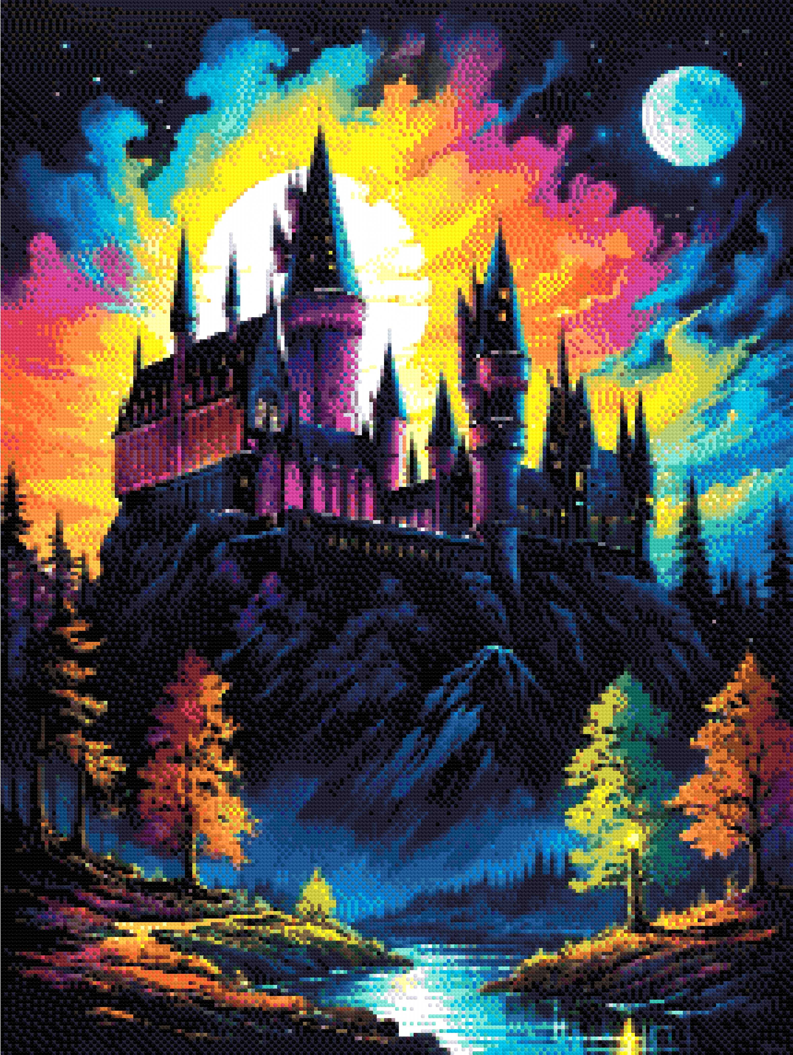 A Diamond Painting Rendering Of A Grand Castle Illuminated By A Full Moon With A Vibrant Sky Of Blue, Purple, And Orange, Reflecting In A Tranquil River Below.. Size - 60cm X 80cm
