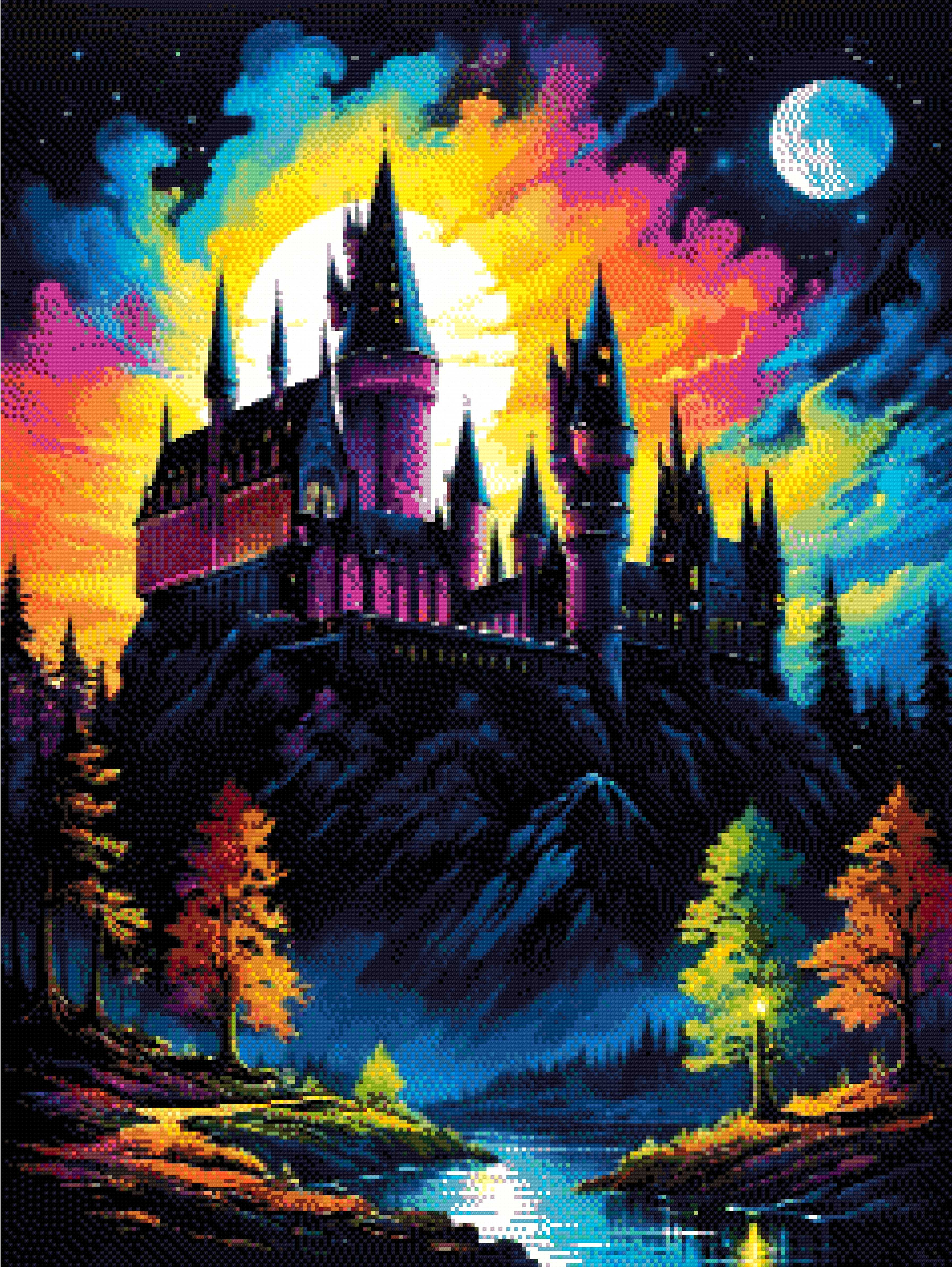 A Diamond Painting Rendering Of A Grand Castle Illuminated By A Full Moon With A Vibrant Sky Of Blue, Purple, And Orange, Reflecting In A Tranquil River Below.. Size - 60cm X 80cm